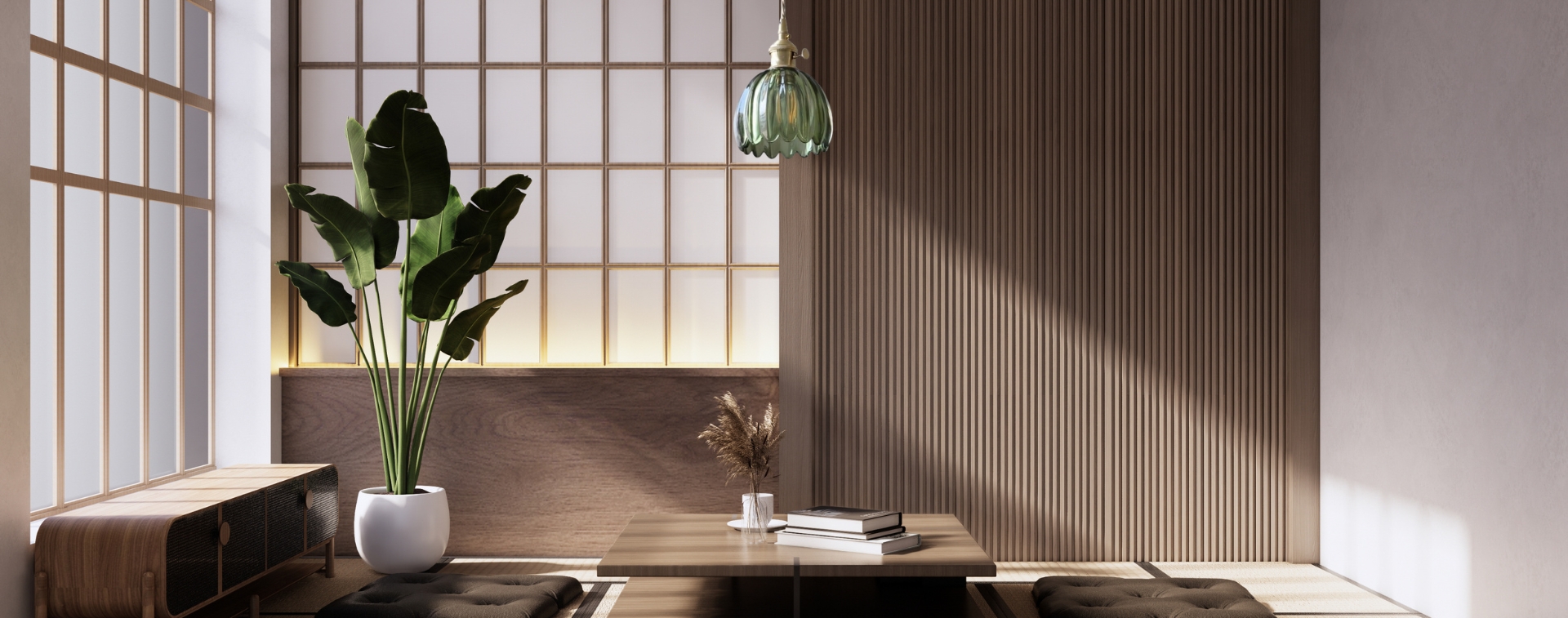 Lámpara colgante japonesa de cristal con forma de flor retro en una escena de interior