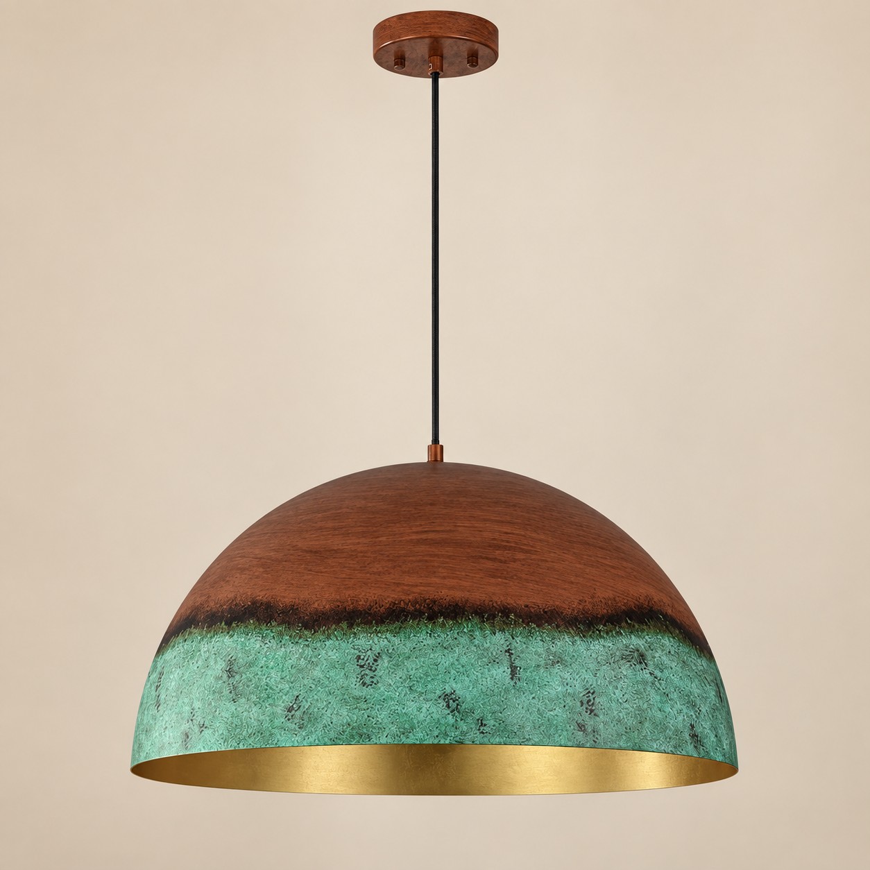Copper Patina Dome Pendant with a gold interior, textured iron and a metal suspension