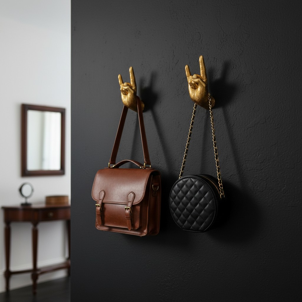 Manos doradas Kickra usadas para colgar bolsos en una pared oscura