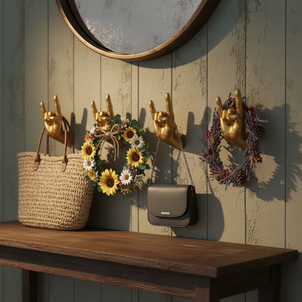 Kickra Rock On Wall Hands Gold en una entrada con cestas y flores