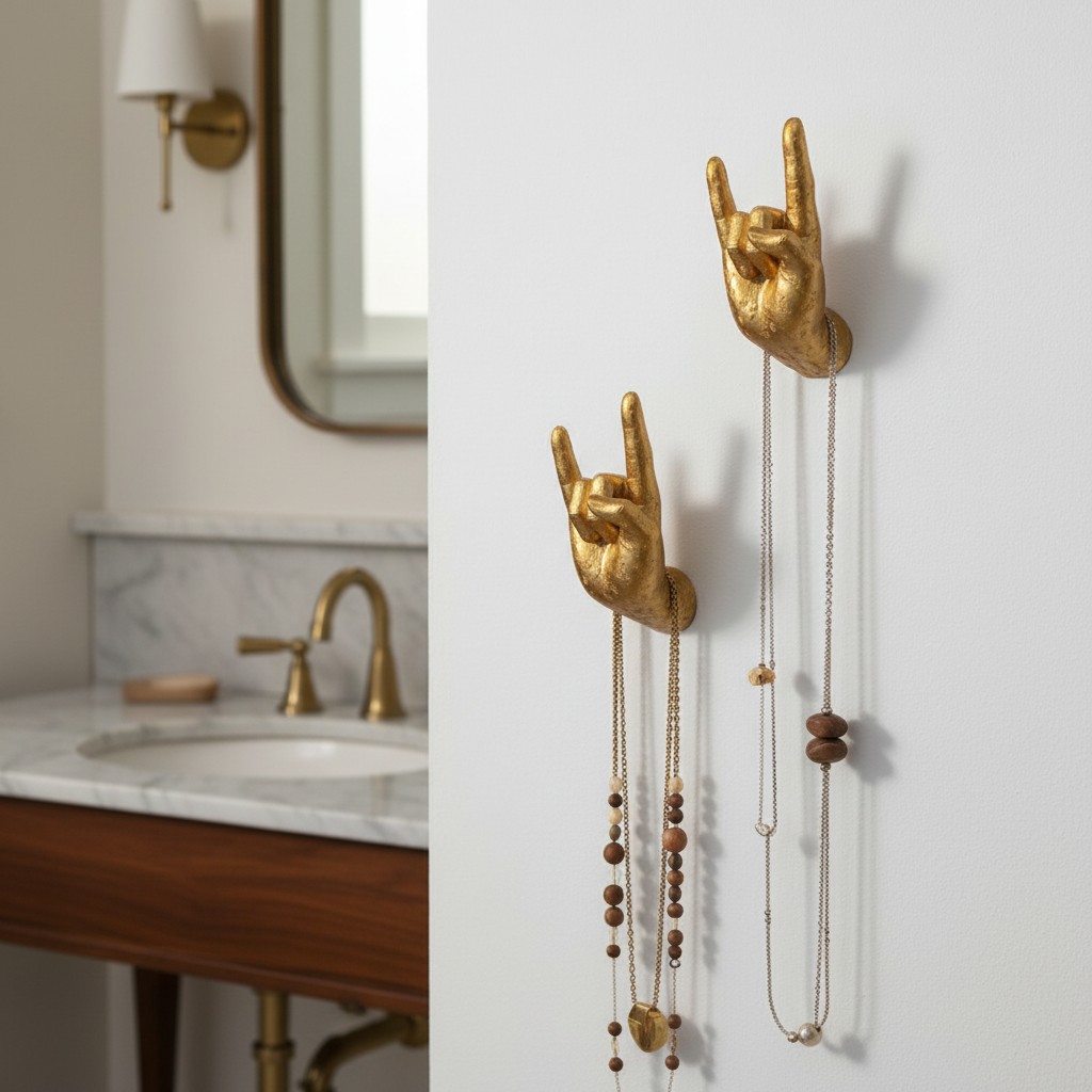 Manos doradas Kickra sosteniendo collares junto a un lavabo
