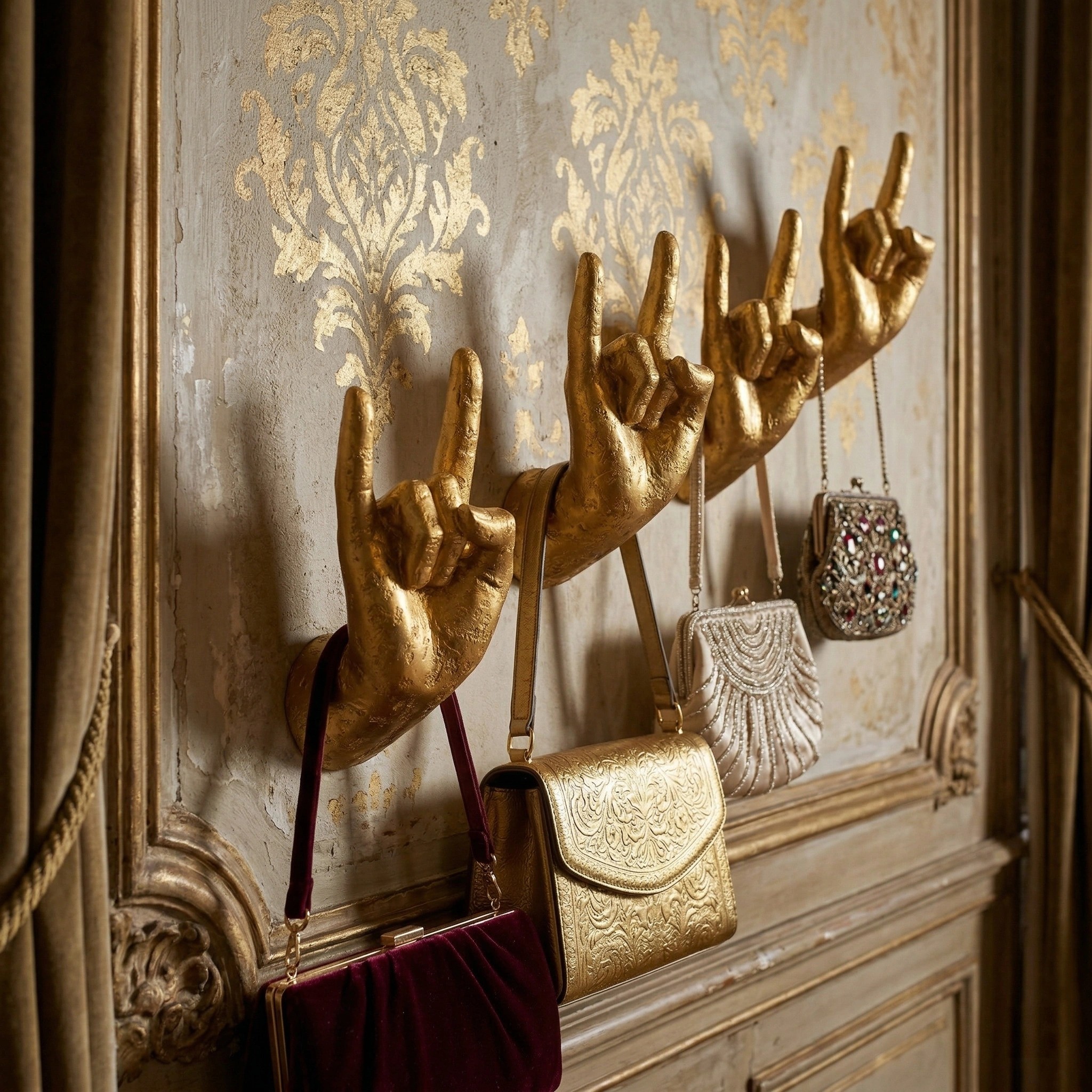 Conjunto Kickra Rock On Wall Hands Gold con bolsos en una pared decorativa