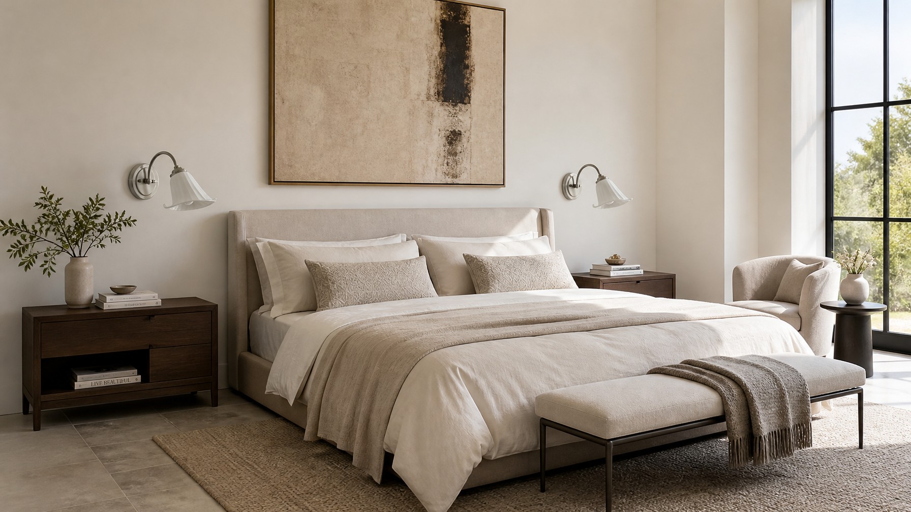Dormitorio elegante con lámparas de pared calla