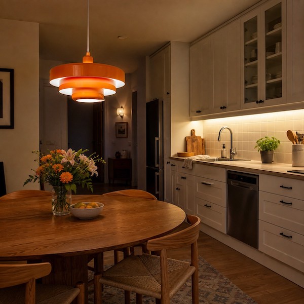layered-kitchen-lighting-with-colourful-pendant