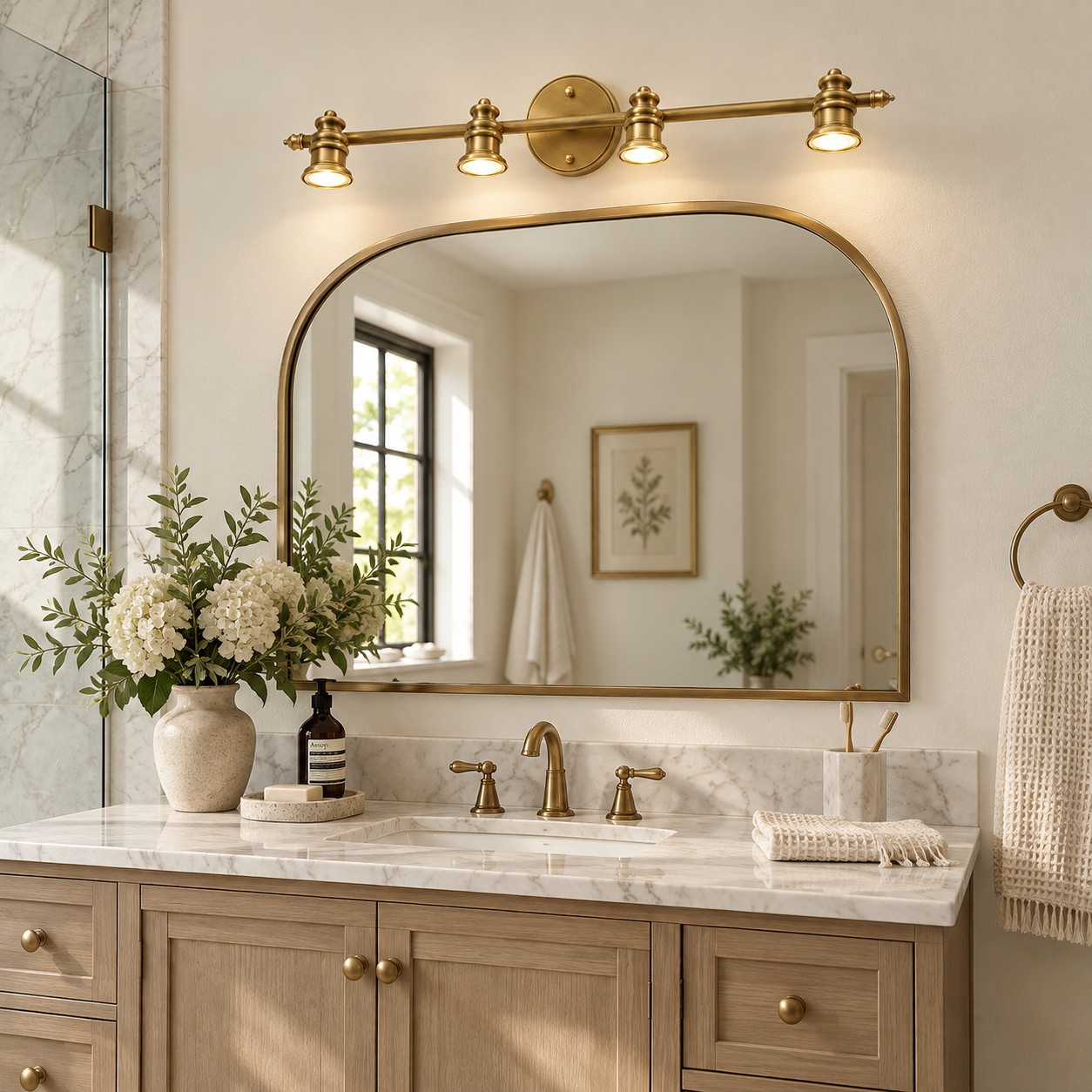 Aurelia Brass Vanity Wall Light with adjustable heads, one to five heads and individual aiming
