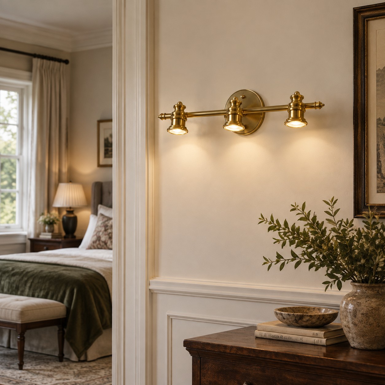 Aurelia Brass Vanity Wall Light with adjustable heads, one to five heads and individual aiming