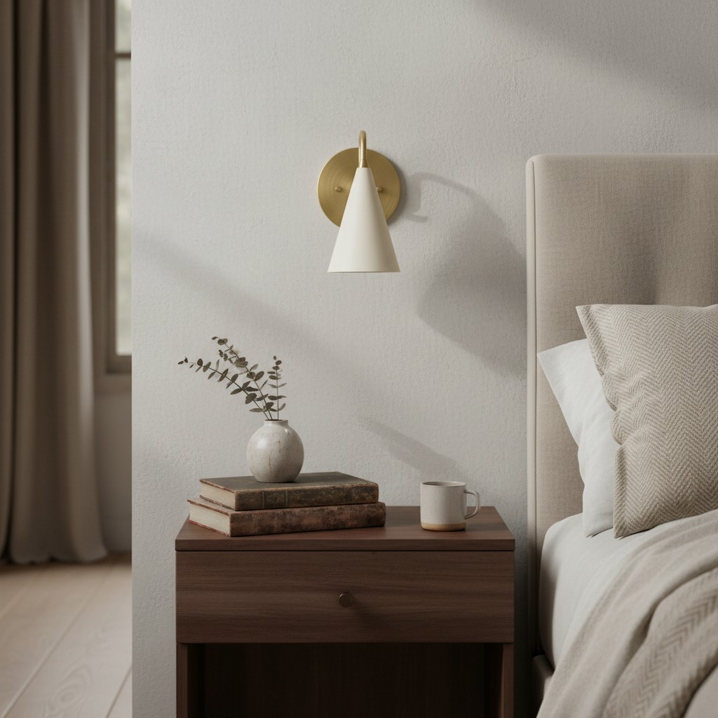 Curva Metal wall sconce beside a bed