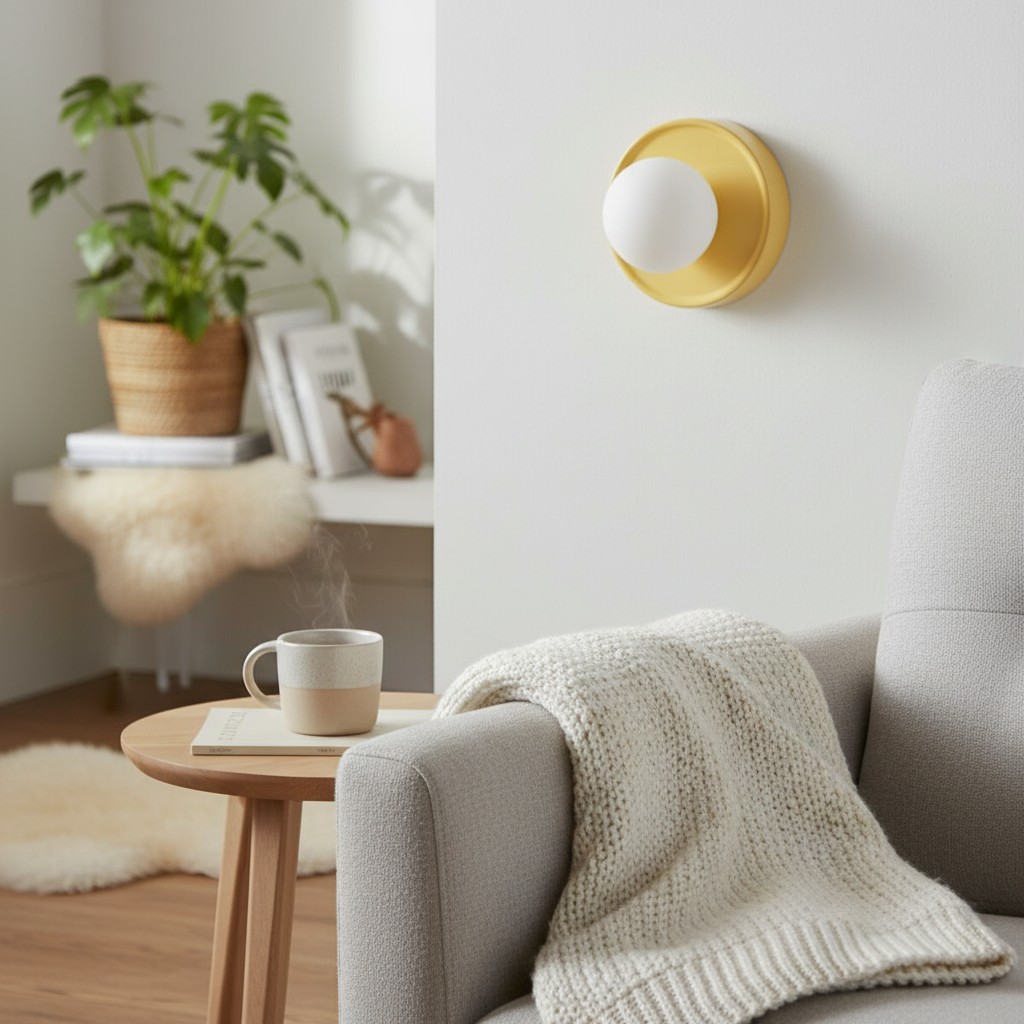 Aplique Solna amarillo junto a una mesa auxiliar