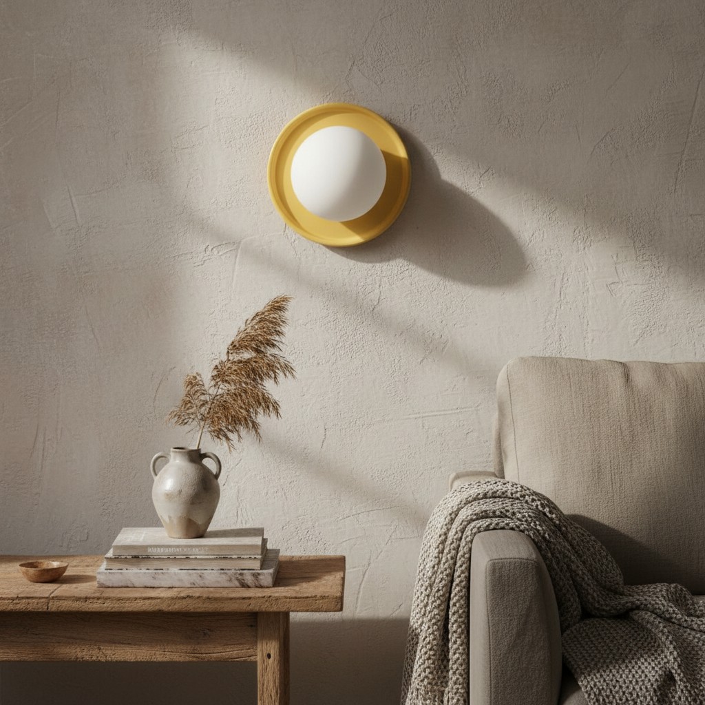 Aplique Solna amarillo con luz suave junto a decoración de mesa