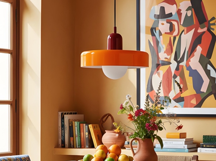 Lámpara Bauhaus naranja en una sala