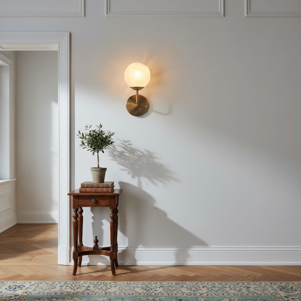 Modo wall sconce lighting a wall beside a small table