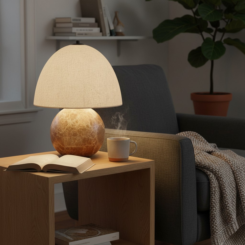Cordove iluminada junto a una taza y un libro