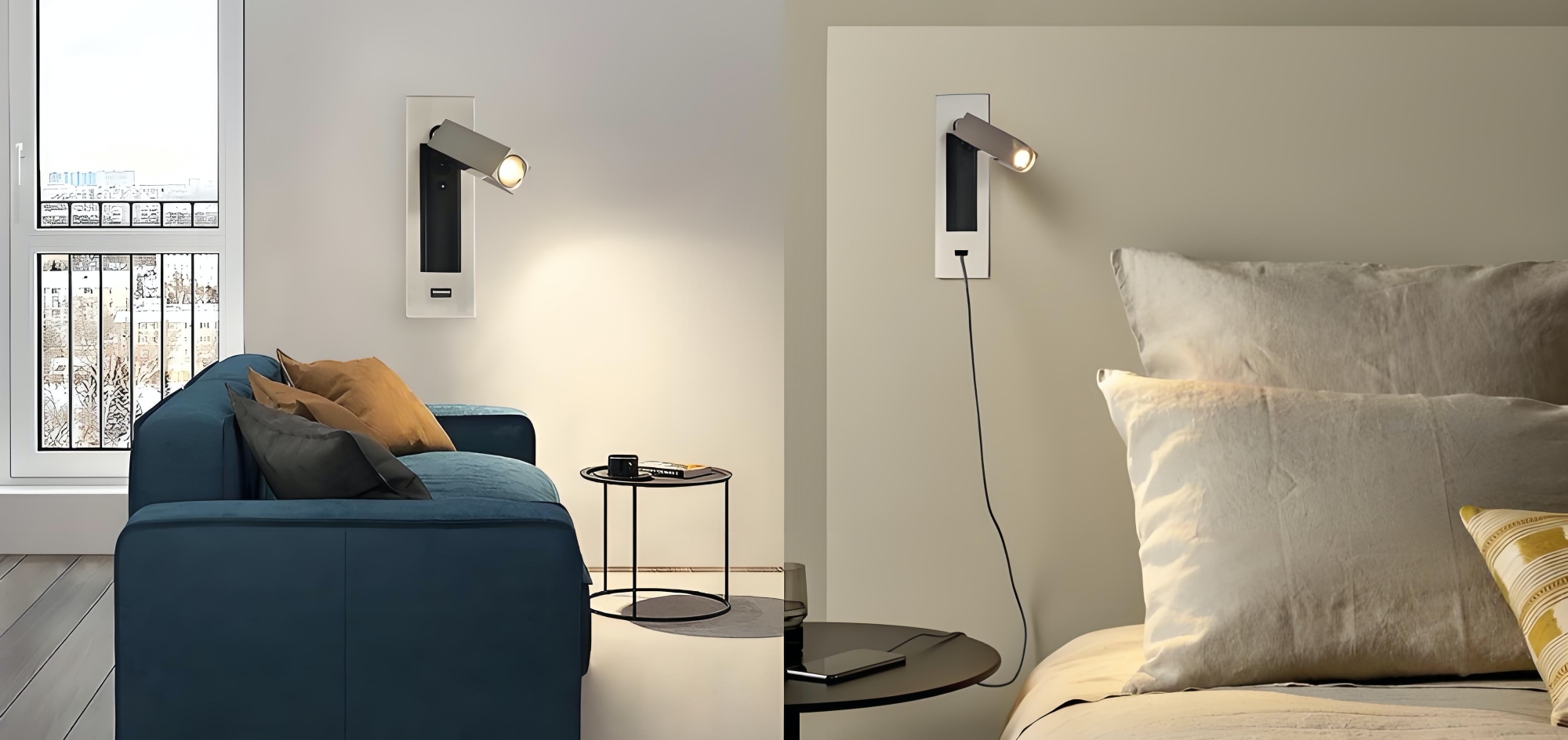 Fuse USB Sconce en ambientes de sala y dormitorio