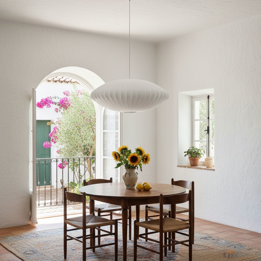 Lámpara colgante de tela sobre mesa de comedor
