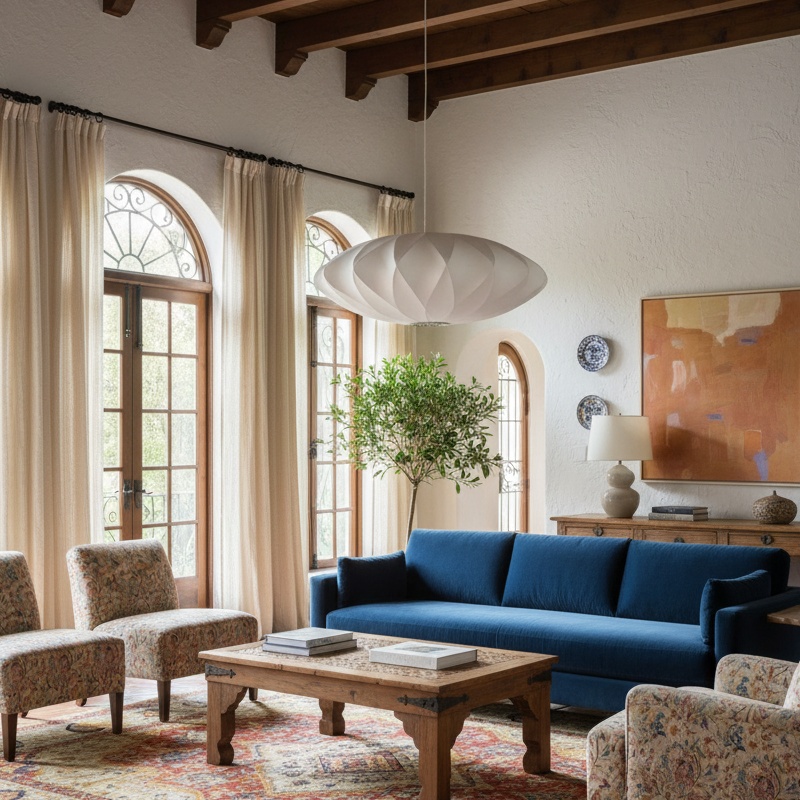 Lámpara colgante en salón con sofá azul