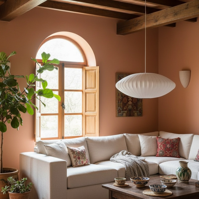Lámpara colgante de tela en sala junto a ventana arqueada