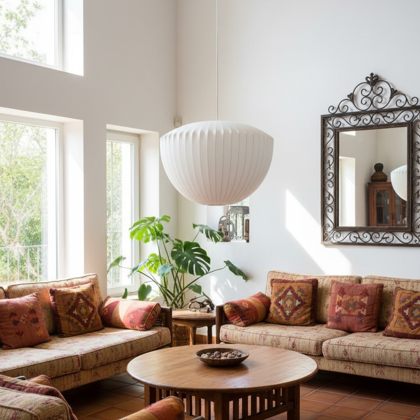 Lámpara colgante de burbujas en sala con espejo decorativo
