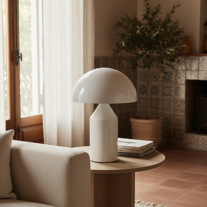 Lámpara de mesa blanca con forma de hongo en un salón cálido