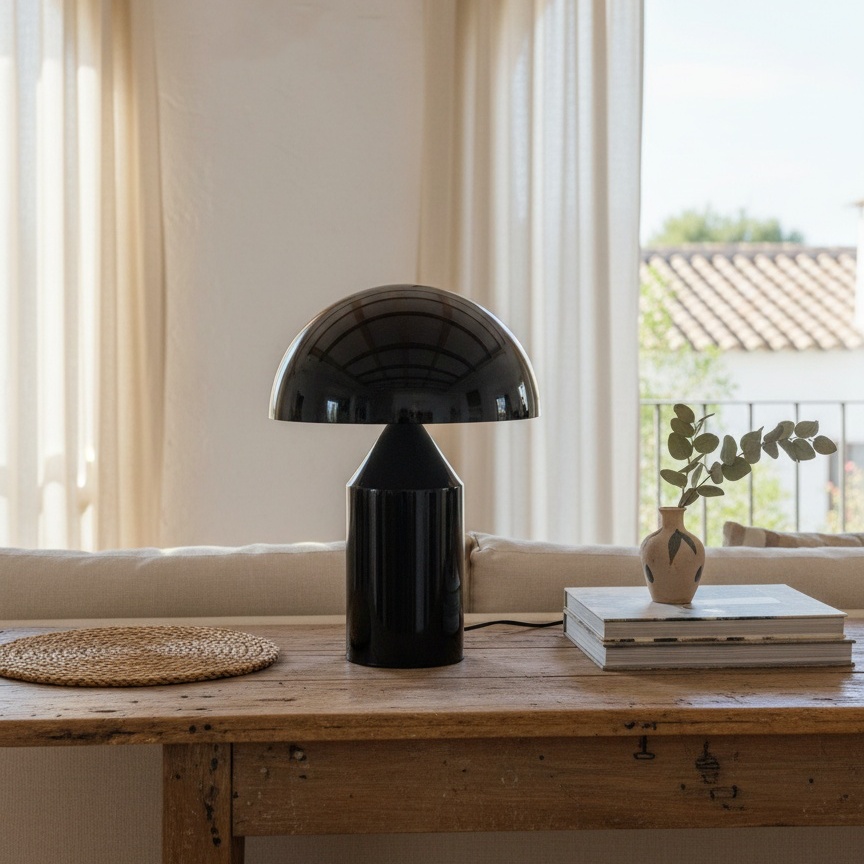 Lámpara Atollo negra sobre una mesa