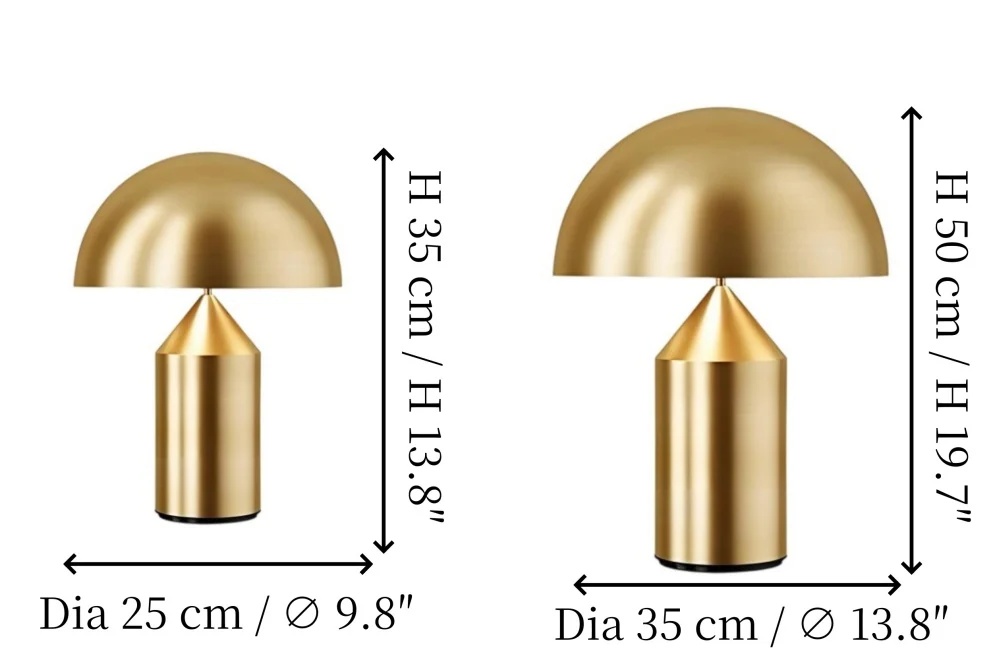Diagrama de tamaño de la lámpara de mesa en dos medidas