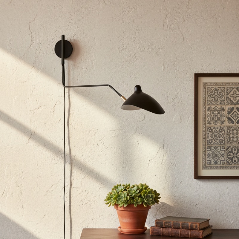 Aplique de pared Serge Mouille negro instalado junto a una mesa