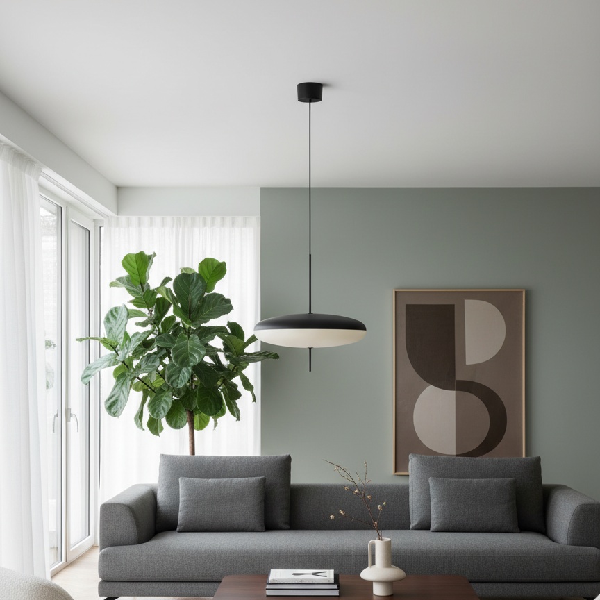 Elliptische Pendelleuchte über dem Sofa