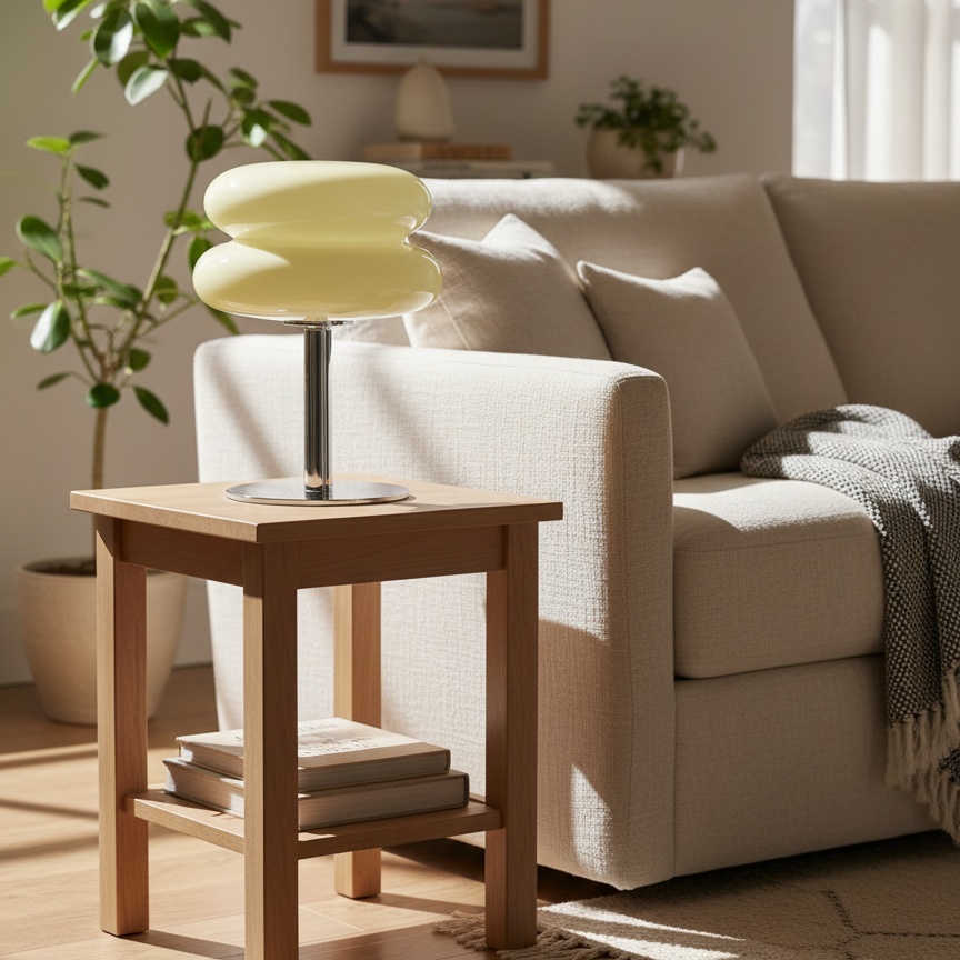 Lámpara Bauhaus beige sobre una mesa auxiliar