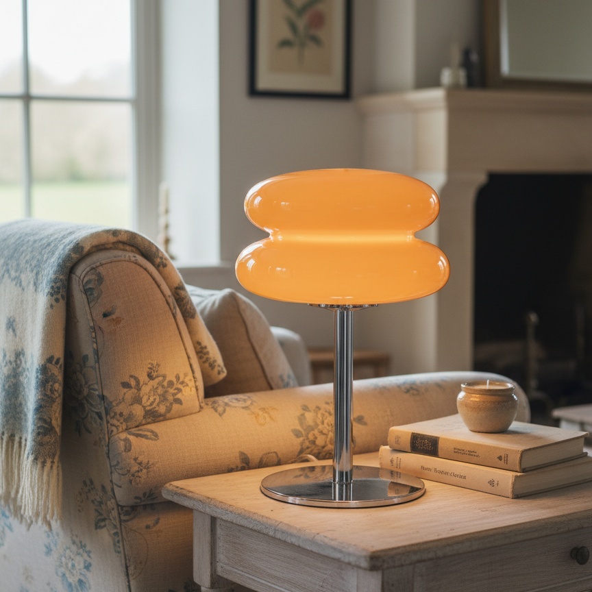 Lámpara de mesa Bauhaus naranja en una mesa auxiliar