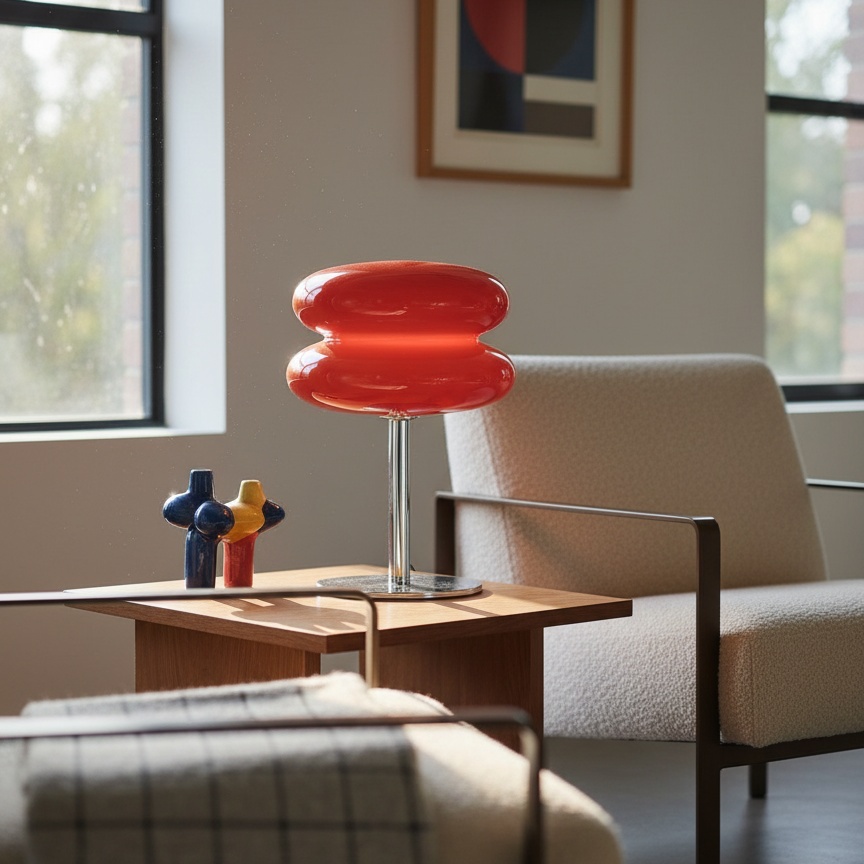 Lámpara de mesa Bauhaus roja junto a una silla