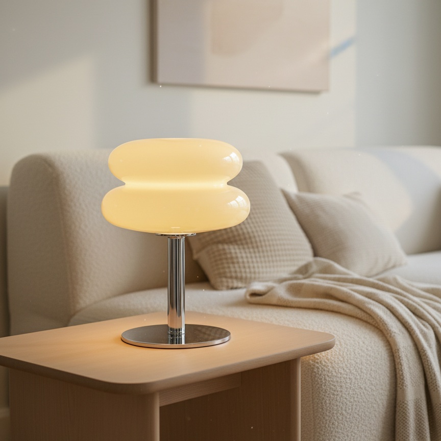 Lámpara de mesa Bauhaus beige en un dormitorio