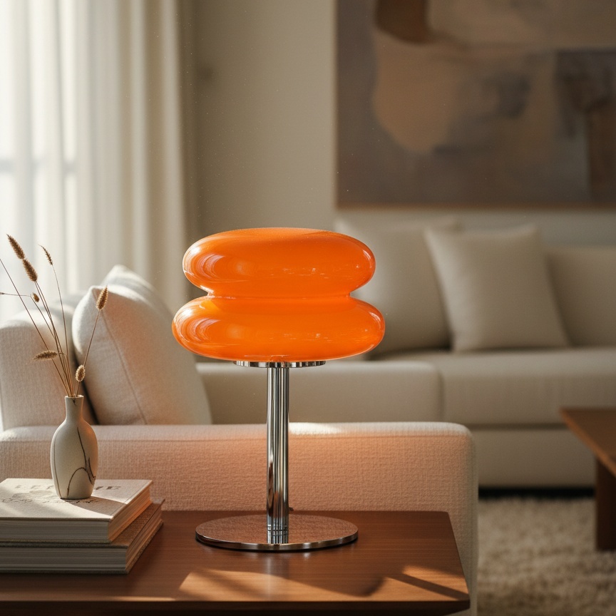 Lámpara Bauhaus naranja junto al sofá