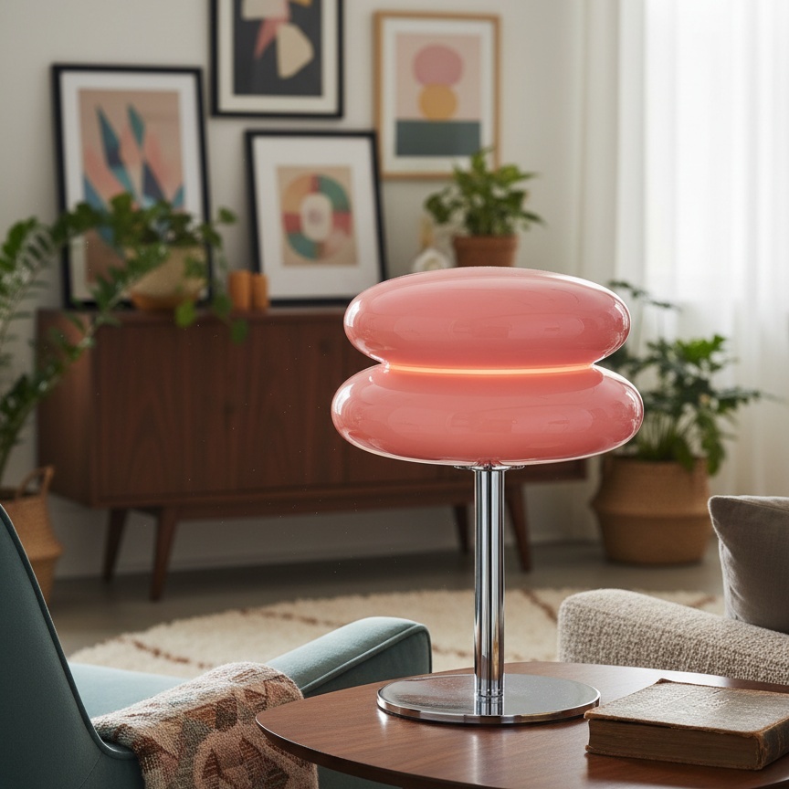 Lámpara Bauhaus rosa en una sala de estar