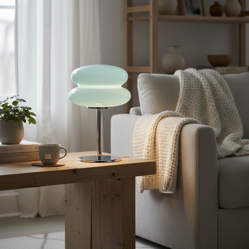 Lámpara Bauhaus azul claro en una mesa