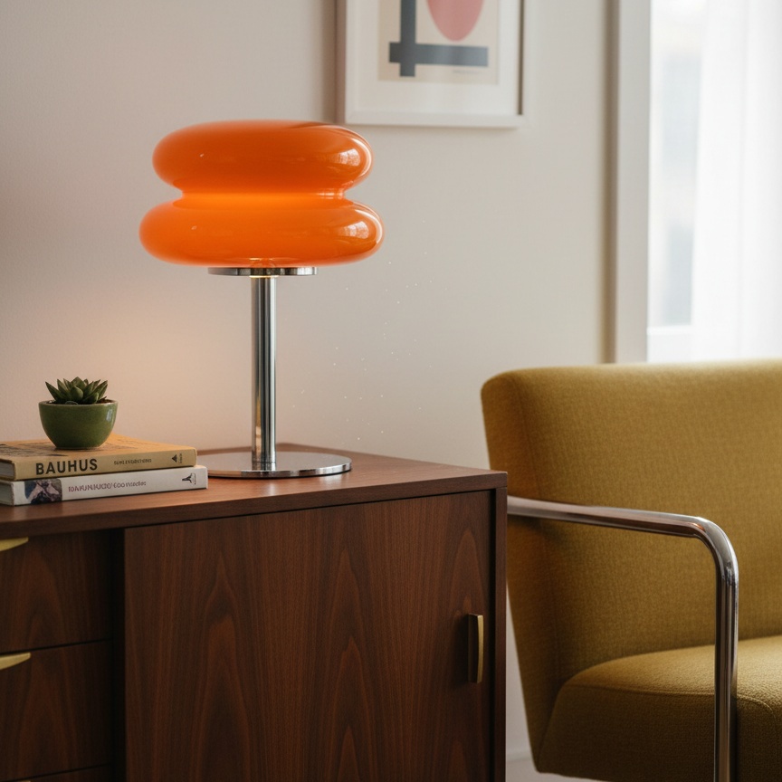 Lámpara Bauhaus naranja en un aparador