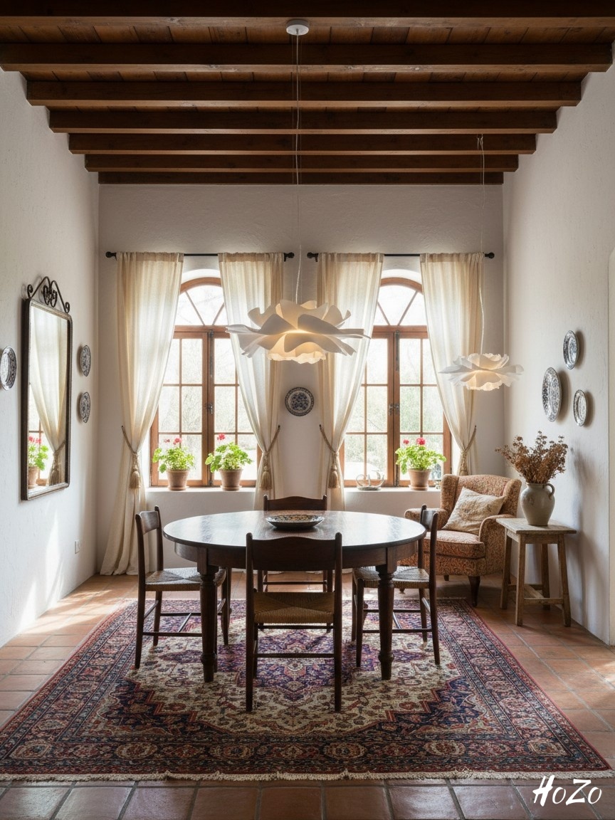 Lámpara Nordic Flower en comedor con vigas de madera