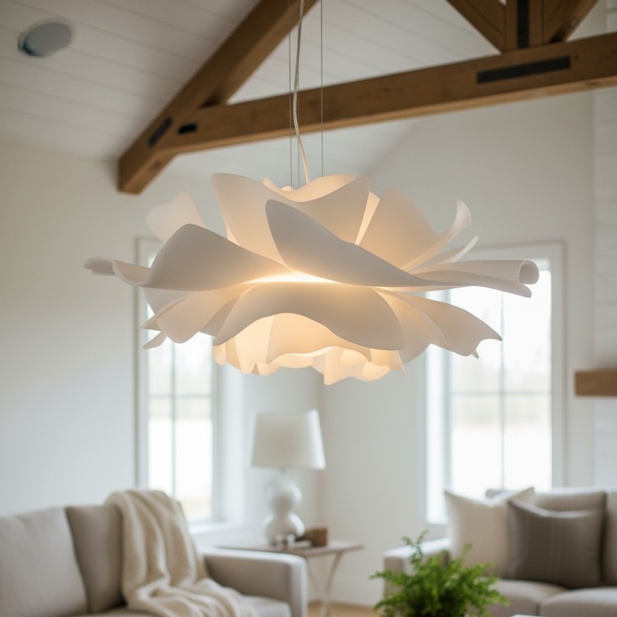 Lámpara colgante Nordic Flower blanca iluminada en una sala de estar