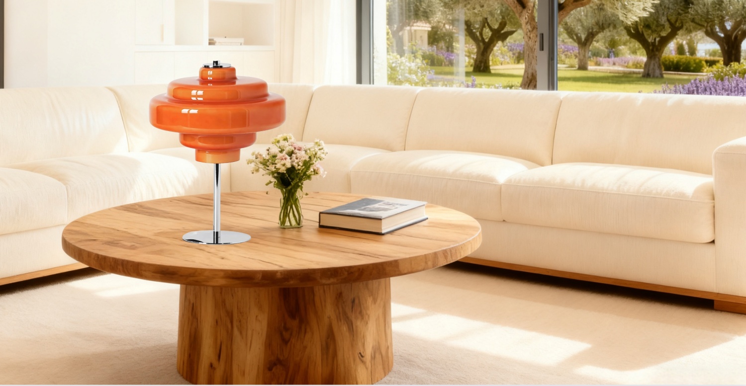 Lámpara de mesa de cristal Koloro de Bauhaus en una sala de estar