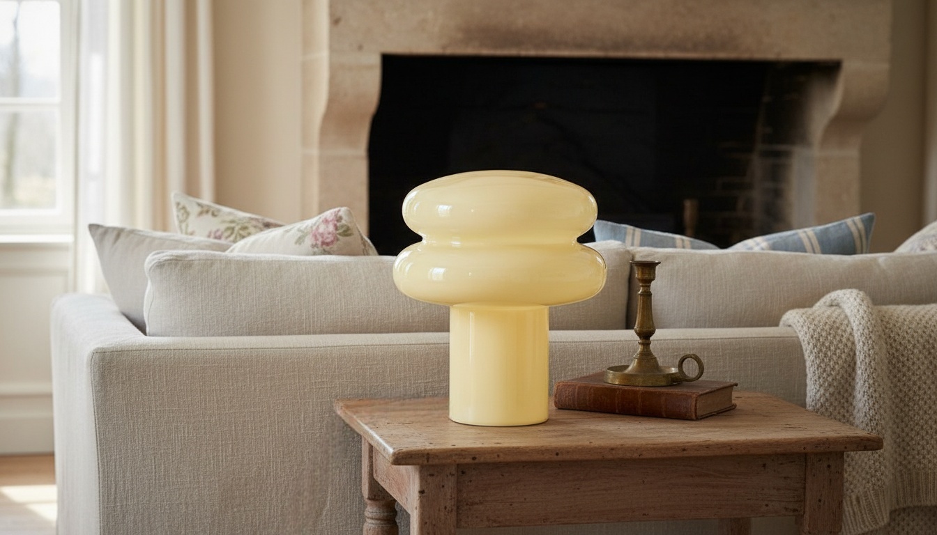 Lámpara de mesa Bauhaus Opal en una sala de estar