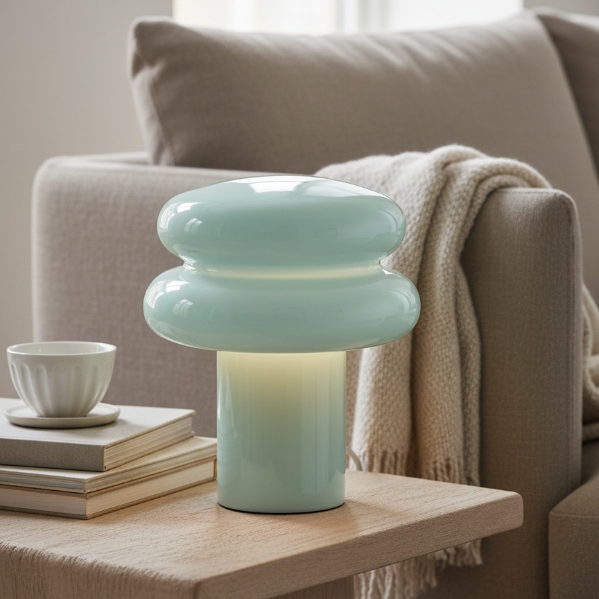 Lámpara azul claro en una mesa de sala