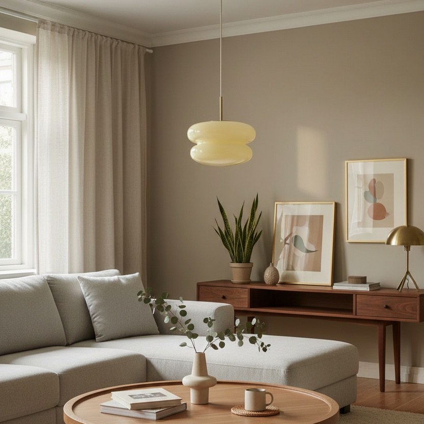 Lámpara colgante de cristal opalino amarillo claro en una sala de estar