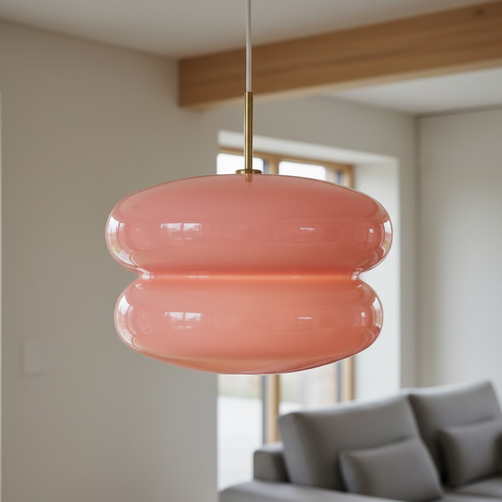 Detalle de lámpara colgante rosa en una escena de sofá
