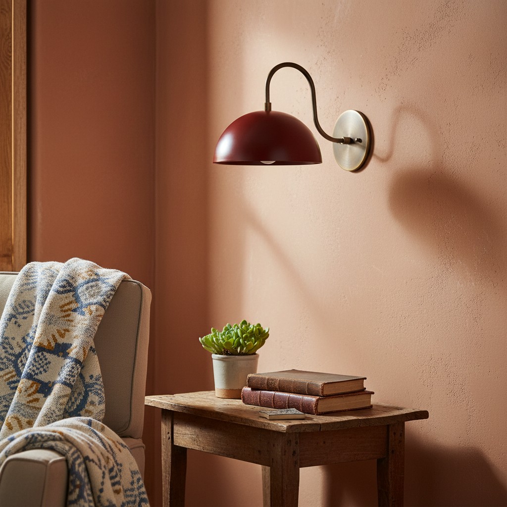 Lámpara de pared roja sobre mesa auxiliar