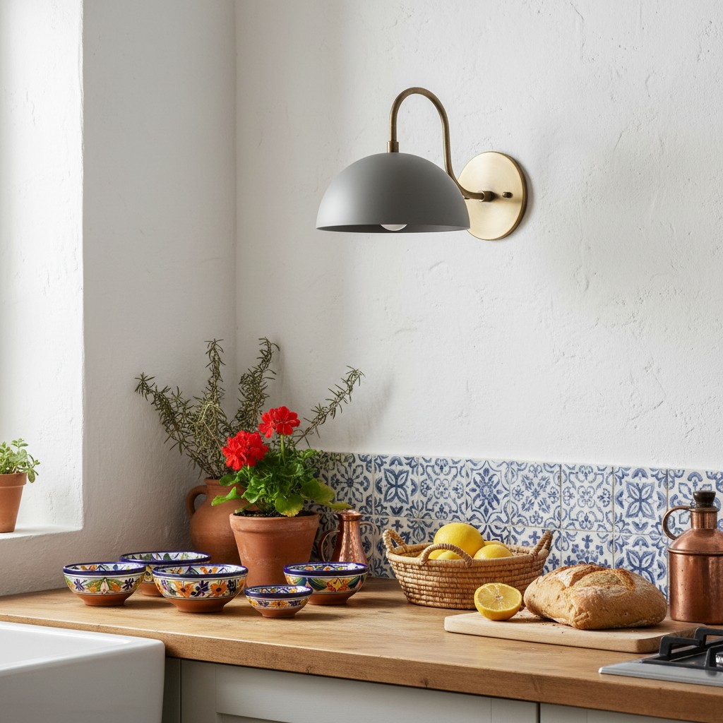 Lámpara de pared sobre mesa decorativa