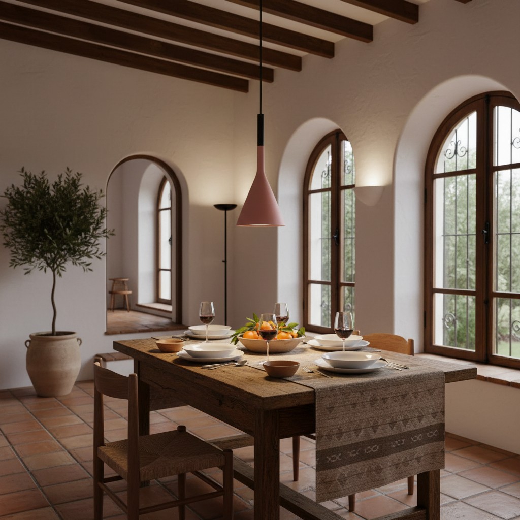 Colgante cónico sobre mesa de comedor