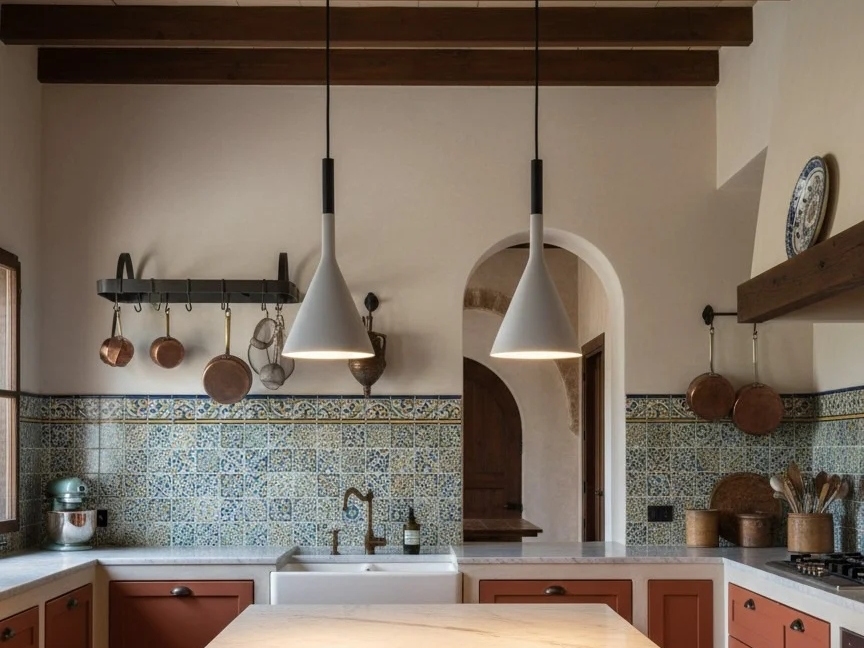 Colgantes cónicos de hormigón en cocina
