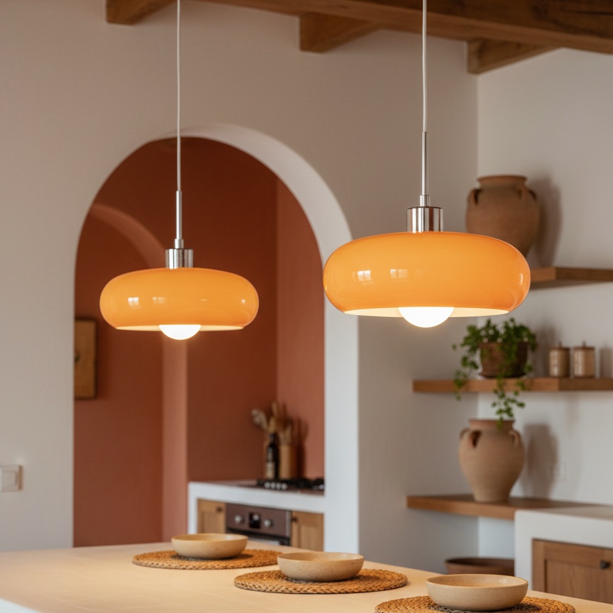 Dos lámparas Hailie sobre mesa de cocina
