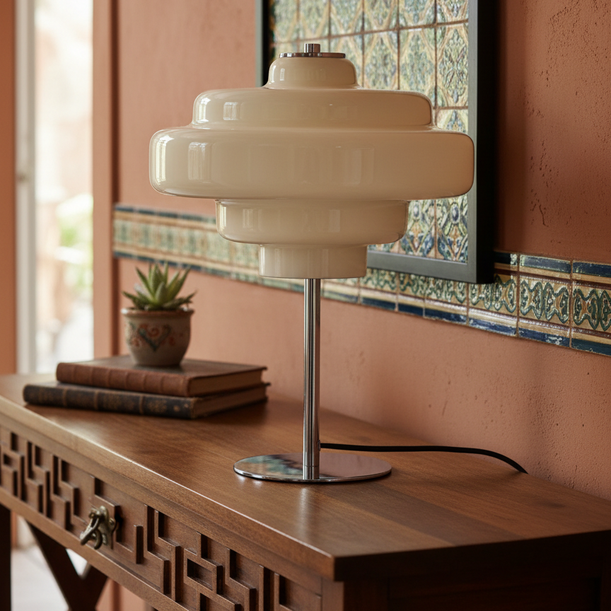 Lámpara de mesa Bauhaus en consola de madera