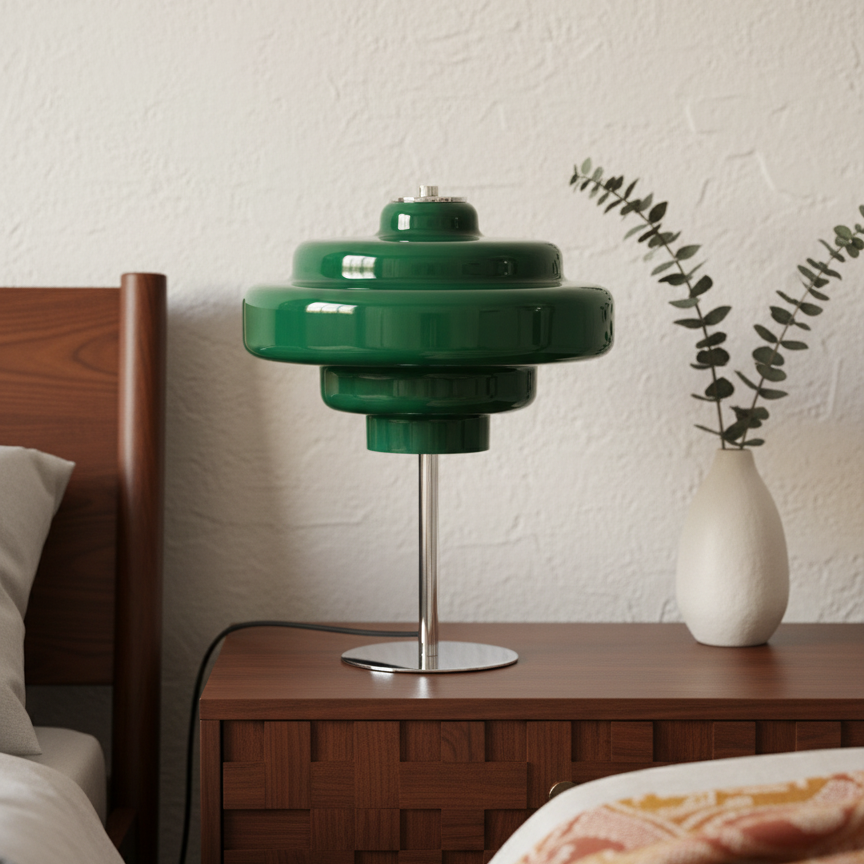 Lámpara de mesa Bauhaus verde sobre cómoda