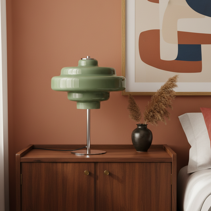 Lámpara Bauhaus verde en ambiente cálido
