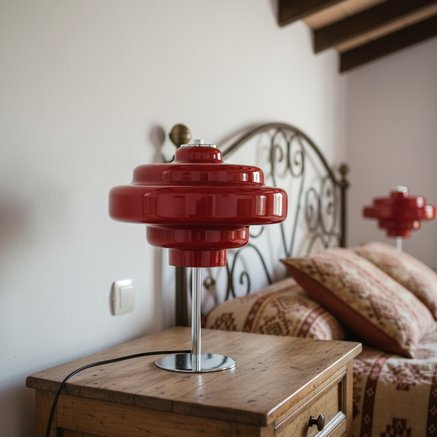 Lámpara de mesa Bauhaus roja en dormitorio